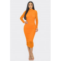 Solid Mesh Ruched Midi Dress