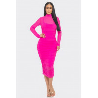 Solid Mesh Ruched Midi Dress