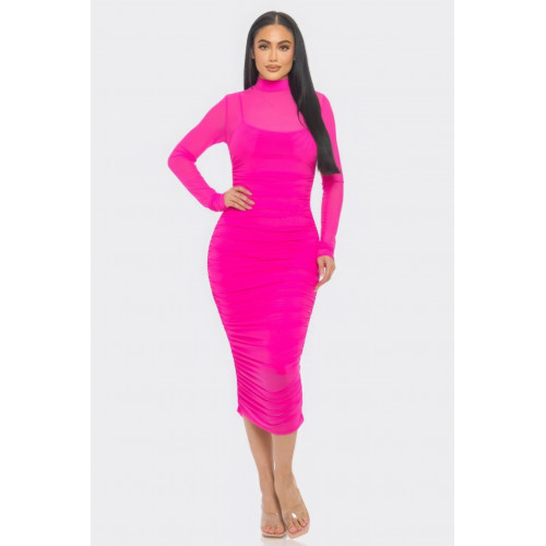Solid Mesh Ruched Midi Dress