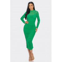 Solid Mesh Ruched Midi Dress