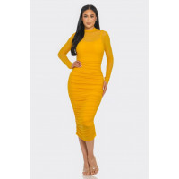 Solid Mesh Ruched Midi Dress