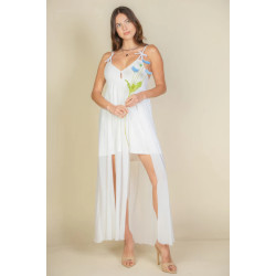 Plunge Neck Split Thigh Mesh Maxi Dress