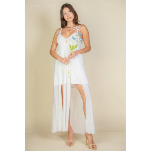 Plunge Neck Split Thigh Mesh Maxi Dress