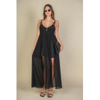 Plunge Neck Split Thigh Mesh Maxi Dress
