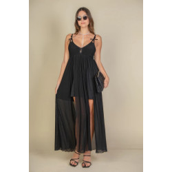 Plunge Neck Split Thigh Mesh Maxi Dress