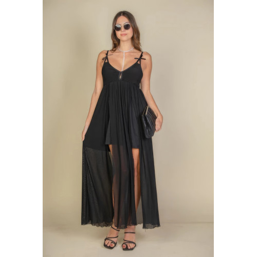 Plunge Neck Split Thigh Mesh Maxi Dress
