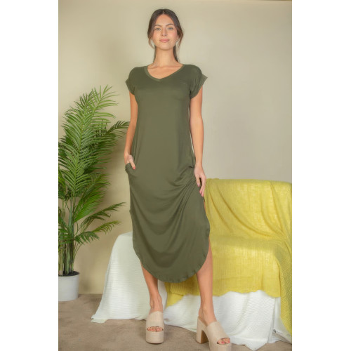 Hidden Pocket Batwing Sleeve V Neck Long Dress