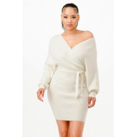 Off Shoulder Wrap Belted Ribbed Sweather Dress