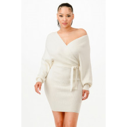 Off Shoulder Wrap Belted Ribbed Sweather Dress