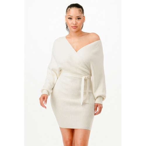 Off Shoulder Wrap Belted Ribbed Sweather Dress