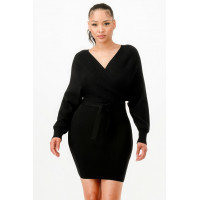 Off Shoulder Wrap Belted Ribbed Sweather Dress
