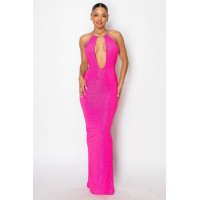 Halter Necklace Trim Long Dress