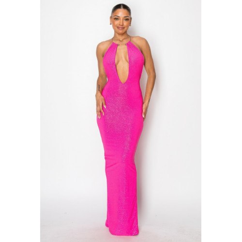 Halter Necklace Trim Long Dress