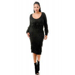 Knit Long Sleeve Fringe Dress