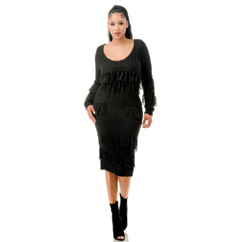 Knit Long Sleeve Fringe Dress
