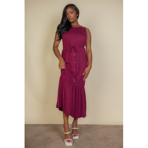 Button Front Tie Waist Sleeveless Maxi Dress