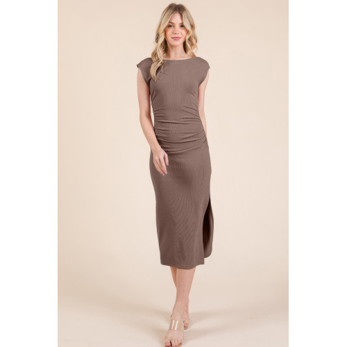 Cap Sleeve Boatneck Open Back Midi Dress