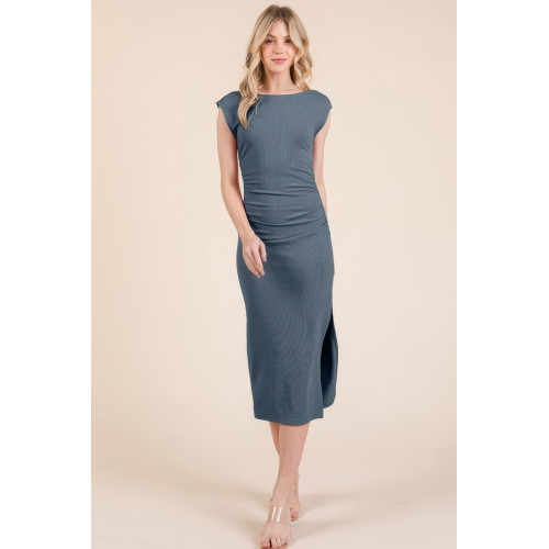 Cap Sleeve Boatneck Open Back Midi Dress