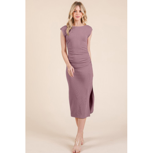 Cap Sleeve Boatneck Open Back Midi Dress