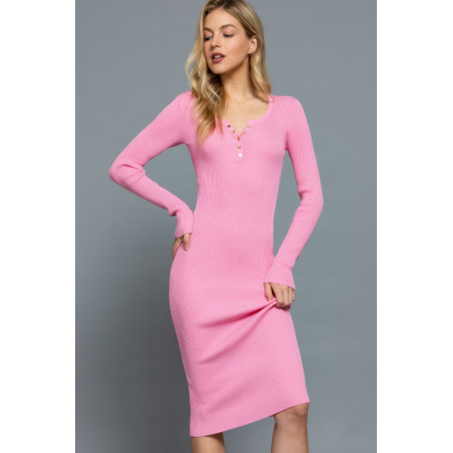 Henley Neck Midi Sweater Dress