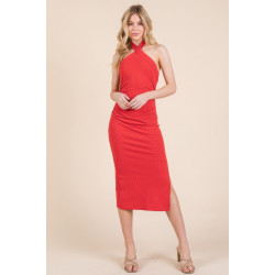 Halter Tied Criss-cross Midi Ribbed Dress