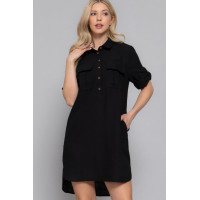 Roll Up Short Slv Straight Linen Effect Mini Dress