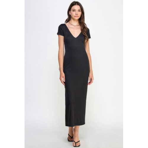 Double V-neck Ribbed Maxi Dress