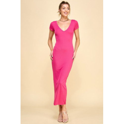 Double V-neck Ribbed Maxi Dress