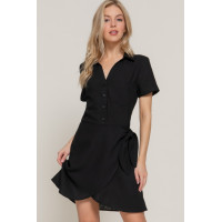 Button Down Side Bow Linen Effect Mini Dress