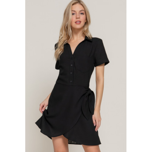 Button Down Side Bow Linen Effect Mini Dress