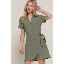 Button Down Side Bow Linen Effect Mini Dress