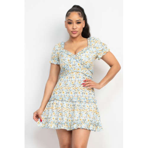 Ruffled Floral Puff Sleeve Dress