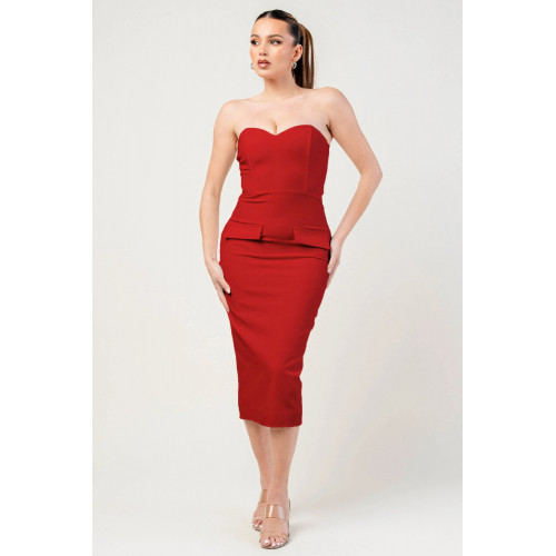 Thick Stretch Woven Sweetheart Neck Tube Midi Dress With Pocket Flap