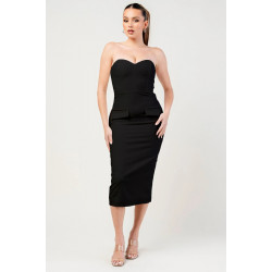 Thick Stretch Woven Sweetheart Neck Tube Midi Dress With Pocket Flap