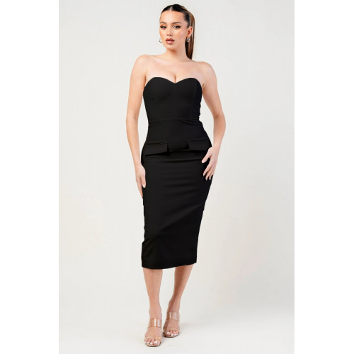 Thick Stretch Woven Sweetheart Neck Tube Midi Dress With Pocket Flap