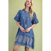 Paisley Embroidered Round Neck Mini Dress With Short Puff Sleeves