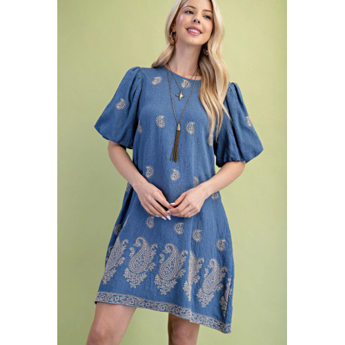 Paisley Embroidered Round Neck Mini Dress With Short Puff Sleeves