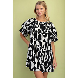 Geometric Print Loose Fit Mini Dress With Gathered Balloon Sleeves