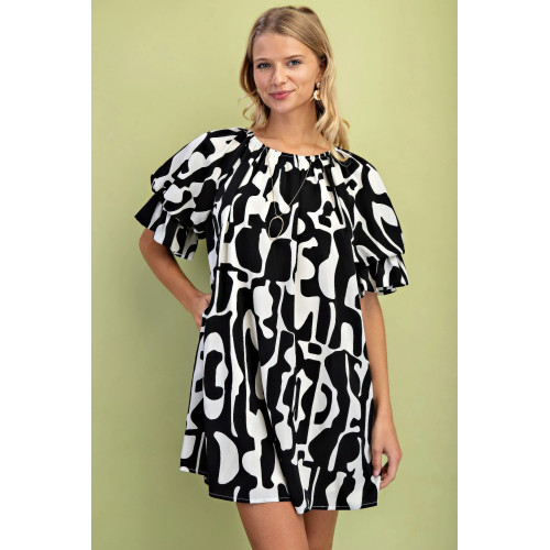 Geometric Print Loose Fit Mini Dress With Gathered Balloon Sleeves