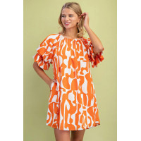 Geometric Print Loose Fit Mini Dress With Gathered Balloon Sleeves