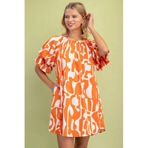 Geometric Print Loose Fit Mini Dress With Gathered Balloon Sleeves