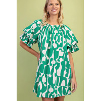 Geometric Print Loose Fit Mini Dress With Gathered Balloon Sleeves