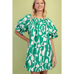 Geometric Print Loose Fit Mini Dress With Gathered Balloon Sleeves