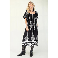 Printed Midi Dress With Short Puff Sleeves