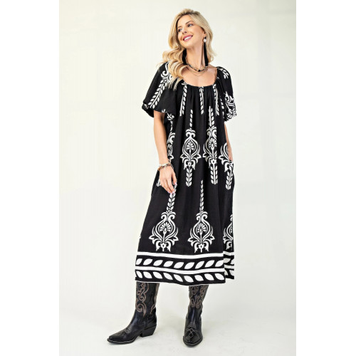 Printed Midi Dress With Short Puff Sleeves