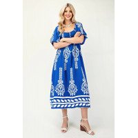 Printed Midi Dress With Short Puff Sleeves