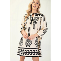 Printed 3/4 Sleeve Dress With Tassel Tie And Fringe Detail On Hem