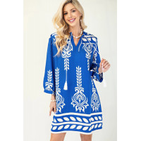 Printed 3/4 Sleeve Dress With Tassel Tie And Fringe Detail On Hem