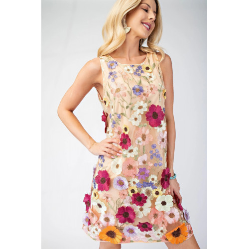 3d Floral Embroidered Sleeveless Mini Dress