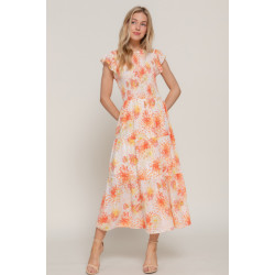 Ruffl Slv Smocked Floral Print Dresss